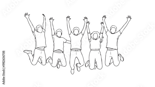 A line drawing of five people jumping up in the air with their arms raised in celebration on white background