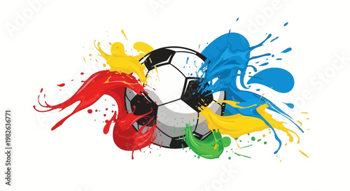 Vibrant soccer ball bursting with colorful paint splashes, representing the dynamic energy and excitement of the game