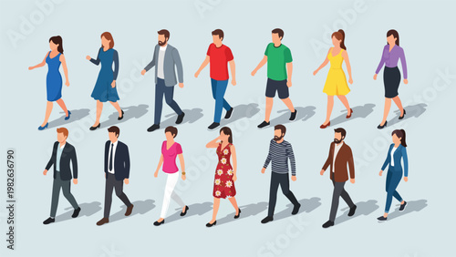 Diverse group of people walking in different casual and business attire on a light blue background