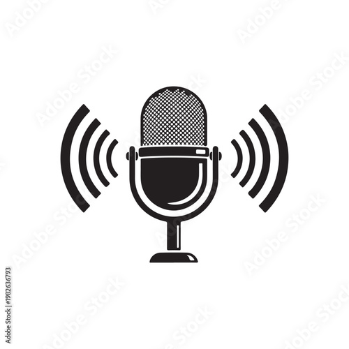 Black and white illustration of a microphone with sound waves on isolated white background for audio or podcast concepts