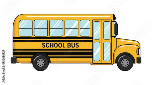 A yellow school bus with black stripes isolated on white background