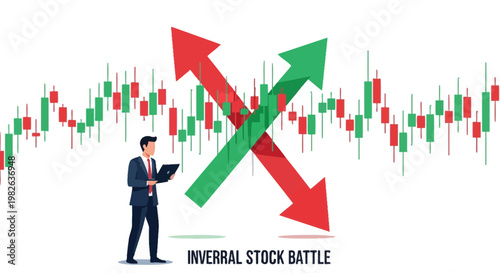 Businessman analyzing stock market data with arrows charting trends