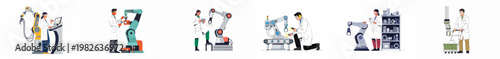 Industrial engineers and technicians operating, maintaining, and inspecting robotic arms in a collection of diverse factory scenes.