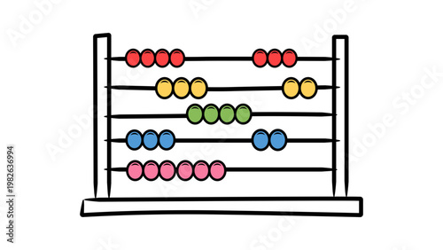 Minimalist hand-drawn vector icon of a traditional abacus with colorful beads on a white background. This clean black line illustration is perfect for math, education, and finance concepts.