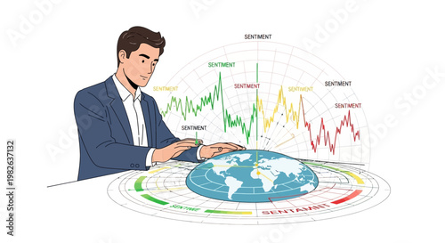 Businessman analyzing global data and sentiment analysis on a digital interface