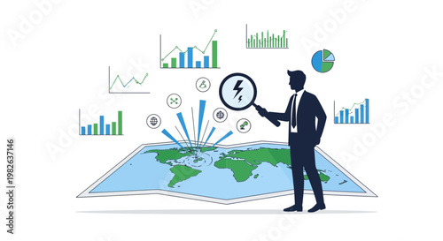 Businessman analyzing global data charts and statistics with magnifying glass