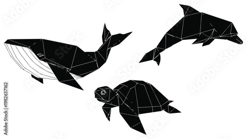 Geometric marine animals, whale, dolphin, and turtle, in origami style on white background