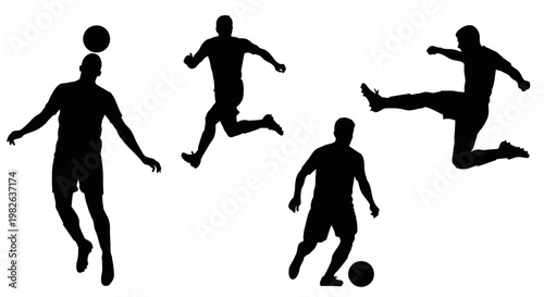 Dynamic vector silhouettes illustrating male soccer players in various action poses, capturing the intensity of football sports through powerful kicking, heading, and dribbling movements