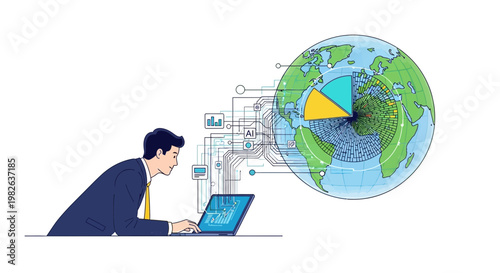 Businessman analyzing global data on laptop with earth globe visualization