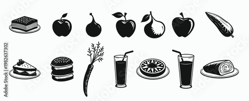 collection of various black and white food illustrations