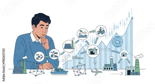 Businessman analyzing global financial data charts and satellite communication