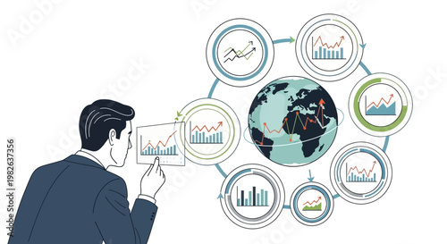 Businessman analyzing global financial data around a world map vector illustration