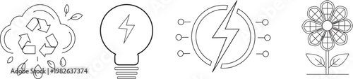 Set of four minimalist linear icons representing green energy and sustainability, featuring a recycling cloud, eco-friendly lightbulb, electrical circuit bolt, and a solar flower