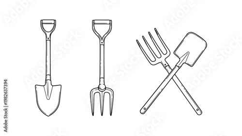 Black and white line drawing of various gardening tools on white background