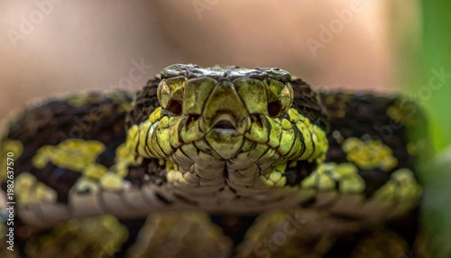 Close up of a detailed snake face with distinct yellow and black patterns