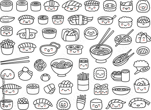 Sushi set featuring hand drawn kawaii food characters creates a playful and decorative pattern for culinary themed designs.