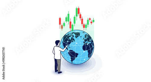 Businessman analyzing global stock market trends with world globe and charts