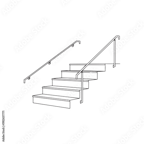 A black line drawing of a staircase with railings on both sides on a white background