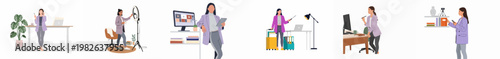 Set of modern illustrations featuring a professional woman in various work scenarios including vlogging, remote office, presentations, and digital content creation.