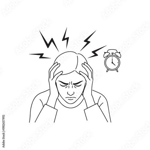A stressed woman with her hands on her head and an alarm clock ringing loudly nearby, causing her to feel anxious and overwhelmed by the time