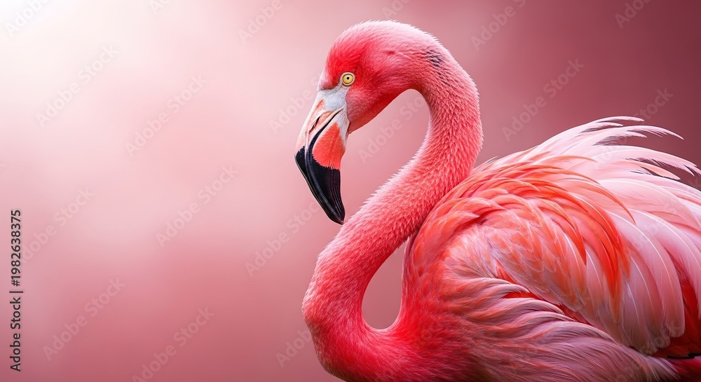 Naklejka premium Pink flamingo profile with soft pink bokeh background during sunset