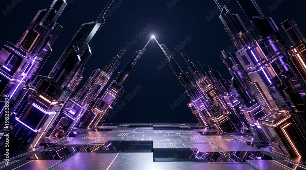 Fototapeta premium Futuristic crystalline towers glowing with purple and orange light against a dark background with a triangle shape formation