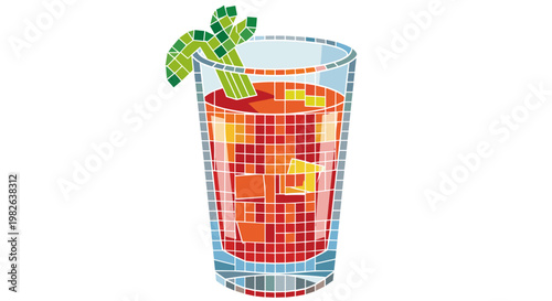 Colorful mosaic illustration of a glass filled with vibrant tomato juice, garnished with a lime slice, against a white background
