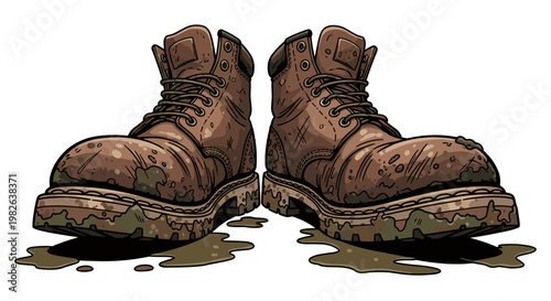Illustrated pair of rugged work boots splattered with dirt, resting on a white background with detailed texture and shadowing, dirty