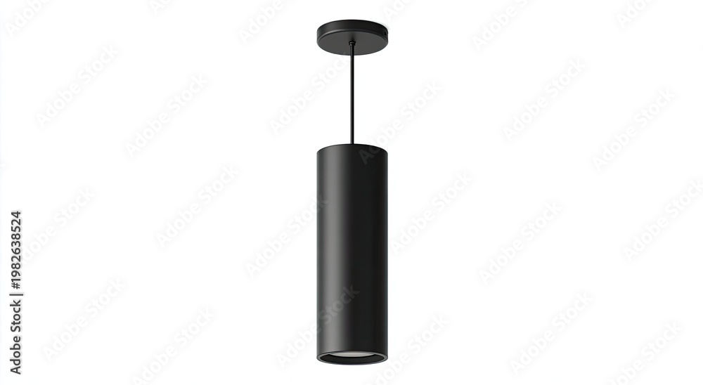 Obraz premium A sleek, black cylindrical pendant light hangs against a plain white background.