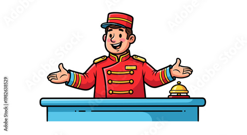 Cheerful man in red uniform at hotel reception desk with bell, welcoming guests with open arms, cartoon style on white background