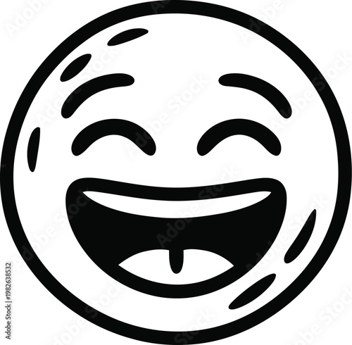 Laughing emoji face icon, happy smiling emoticon with open mouth, black and white vector line art for social media and messaging apps