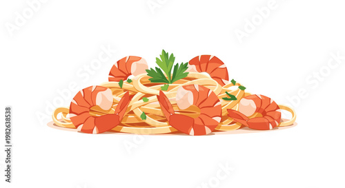 Illustration of a vibrant shrimp pasta dish with parsley garnish on white background, showcasing detailed seafood and spaghetti arrangement