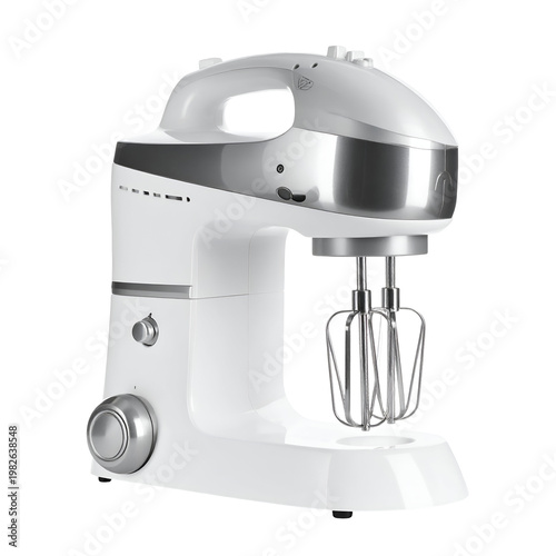 Modern white stand mixer with chrome accents and beater attachments, isolated on white background