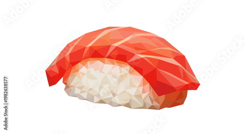 Geometric polygonal illustration of sushi nigiri closeup with vibrant salmon topping on white rice, isolated on a clean white background