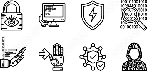 Advanced Cyber-Defense and Ethical Hacking Security Black Line Art Icon Set, "Created with AI assistance and manually refined."