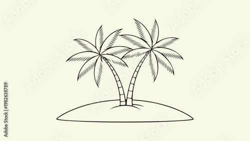 A line drawing of two palm trees on a small island in a simple and stylized illustration style for design or travel concepts