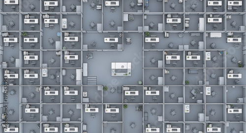 Aerial View of a Modern Office Building with Cubicles.