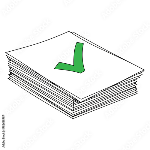 A stack of papers with a green checkmark on top, isolated on white background