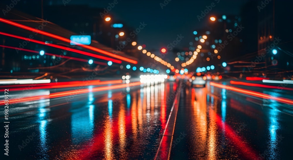 Fototapeta premium Nighttime city street with light trails from moving vehicles reflecting on wet asphalt after rain