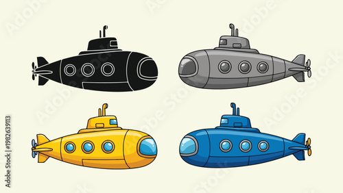 Colorful cartoon submarine illustrations in various shades and designs on a beige background