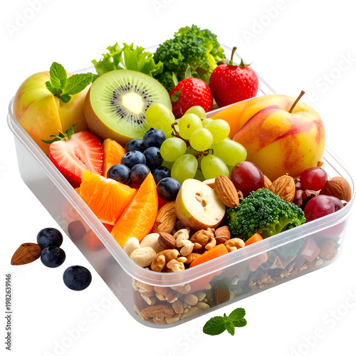 Healthy Snack Box with Fresh Fruits, Broccoli, Nuts and Mint - Top View of a Transparent Container Filled with Colorful, Nutritious Food