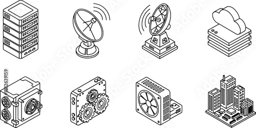 Professional Isometric Black Line Art Micro-Tech and Cloud Infrastructure Icon Set, "Created with AI assistance and manually refined."