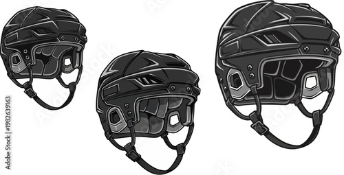 Black ice hockey helmet vector set, professional protective sports headgear illustrations, realistic hockey equipment icons for team branding