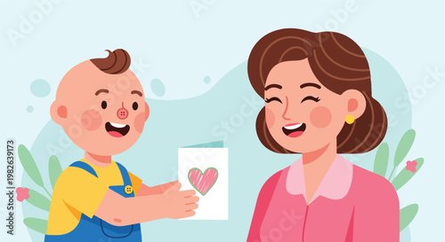 Boy Giving Card to Woman.