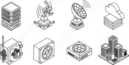 Minimalist 3D Line Style Data Center and Server Architecture Vector Illustration Collection, "Created with AI assistance and manually refined.