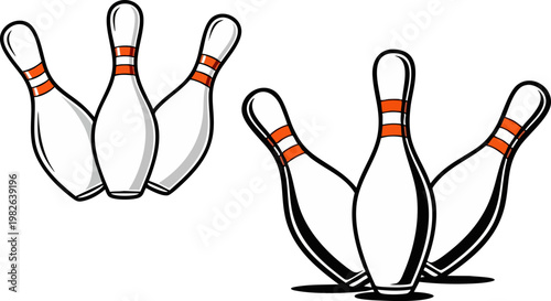 Bowling pins vector illustration set, white skittles with red stripes, cartoon sports equipment icons for tournament branding and alley signage