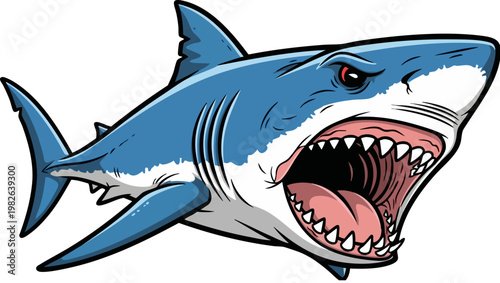 Aggressive Great White Shark Mascot Vector, Fierce Blue Shark with Open Jaws and Sharp Teeth, Angry Ocean Predator Illustration for Sports Logos