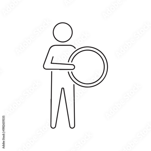 A person holding a large magnifying glass in a simple line drawing style on white background
