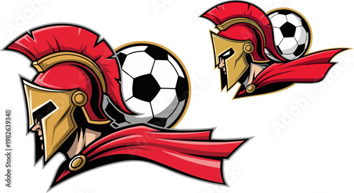 Spartan warrior soccer mascot vector, gladiator head with football and red cape, ancient greek soldier sports logo, athletic team emblem