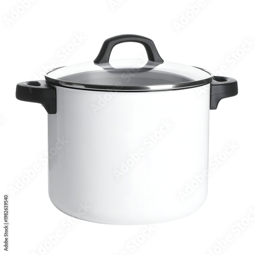 White enamel stock pot with glass lid and black handles, isolated on white background